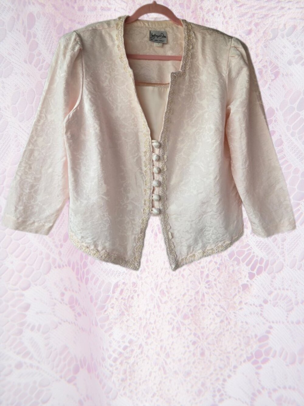 Jeffrey & Dara by Linda Hutley Vintage Pink Damask Lace Trim Blazer Size 20